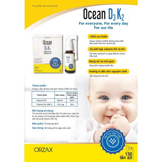 Vitamin OCEAN D3K2 - Bổ sung vitamin D3, K2 dạng xịt và nhỏ giọt cho bé lọ 20ml