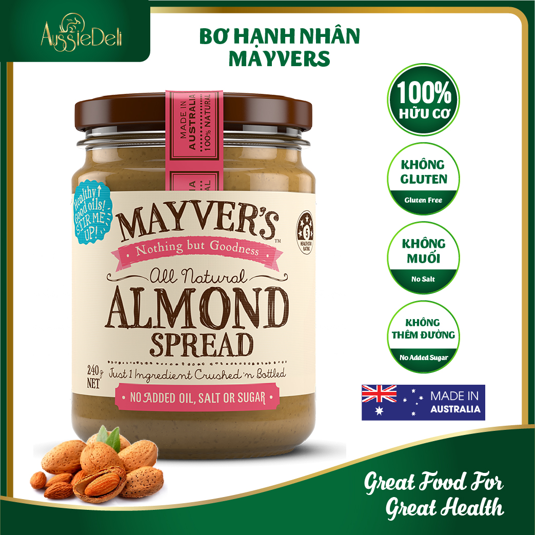 Hủ 240gr - bơ hạt hạnh nhân không đường không muối - mayver's - nhập khẩu từ úc