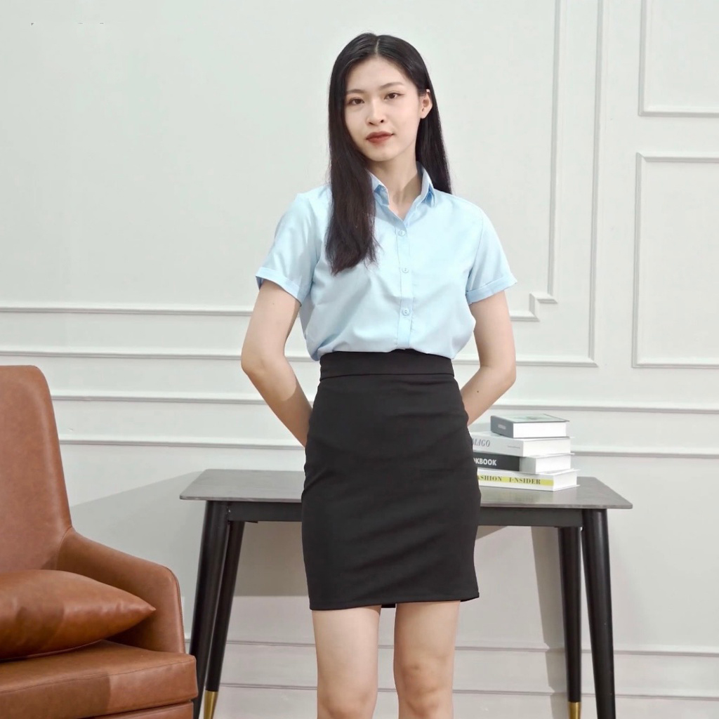 Áo sơ mi nữ ngắn tay trơn vải cotton lụa mềm mịn