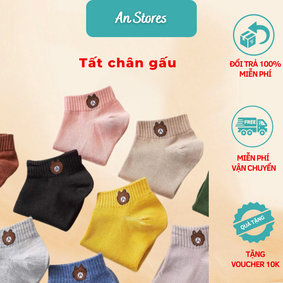 Combo 5 Đôi Tất nữ cổ ngắn, Vớ nữ gấu chất cotton hình gấu brown