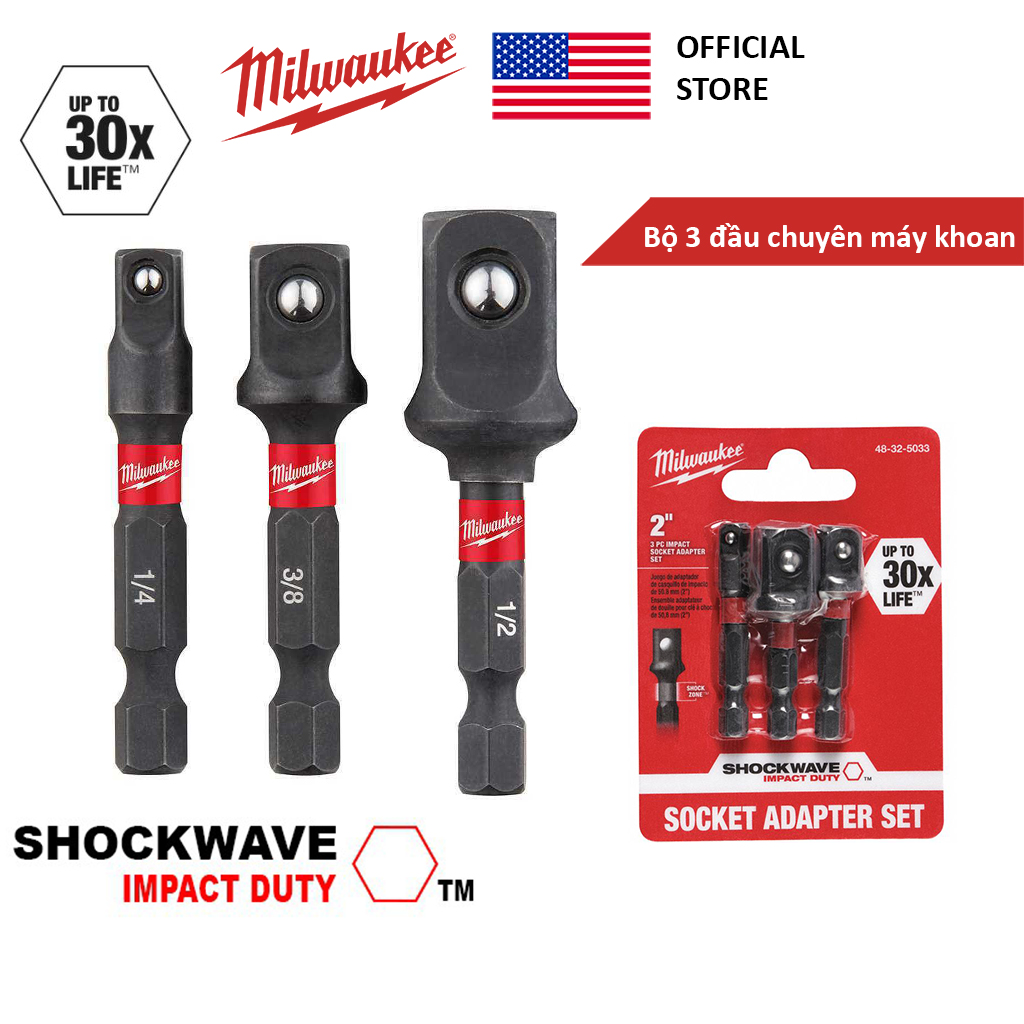 Bộ 3 đầu chuyển từ vít sang vặn khẩu Milwaukee 48-32-5033 chính hãng Mỹ, bộ đầu chuyển vặn khẩu bulong chuôi lục giác đầu 1/2 - 3/8 – 1/4 cho máy khoan điện, máy khoan pin, đầu chuyển vặn tuýp, đầu chuyển khẩu lắp máy khoan