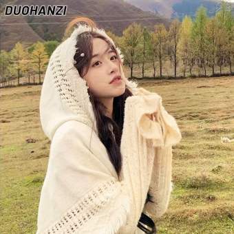 Duohanzi Mori khăn choàng tua phong cách boho Áo Len Dệt Kim Tân Cương đồng cỏ du lịch CAPE Khăn trùm đầu