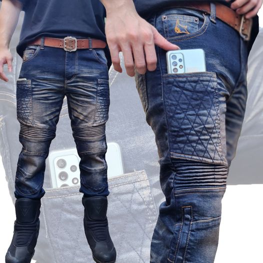 กางเกงยีนส์การ์ดสีฟอกสนิมเข้ม CE Level 2 แบรนด์ไทย MANTA DENIM รุ่น FU07 เพิ่มกระเป๋าข้างล็อคโทรสับ