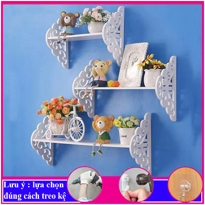 bộ 3 Kệ treo tường trang trí không cần khoan, chất liệu gỗ Pitech cao cấp màu trắng, decor không gian sống