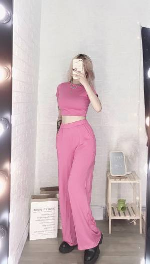 Set bộ thun lụa áo croptop tay ngắn quần ống rộng suông dài xinh
