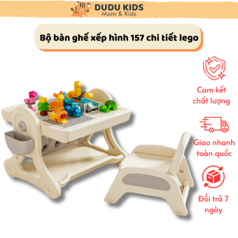 Bộ bàn ghế xếp hình đa năng kèm 157 chi tiết lego, bàn xếp hình lego kiêm bàn học bảng vẽ kèm ghế cho bé