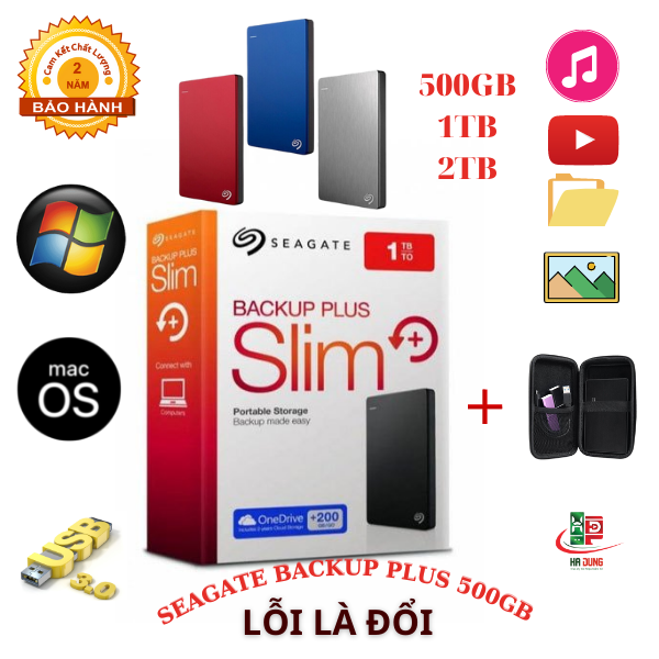 [HCM]Ổ Cứng Di Động Seagate Backup Plus Slim /320500GB/1TB/2TB -Hàng Nhập Khẩu- Bảo hành 24 tháng -Tặng kèm bộ đôi đầu chuyển OTG MICRO USB - TYPE C Tặng kèm túi chống sốc
