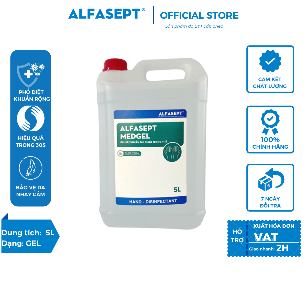 Gel rửa tay sát khuẩn ALFASEPT MED GEL 5L - Tiêu chuẩn WHO tăng cường diệt khuẩn - Gel rửa tay nhanh, dung dịch rửa tay sát khuẩn AF209050