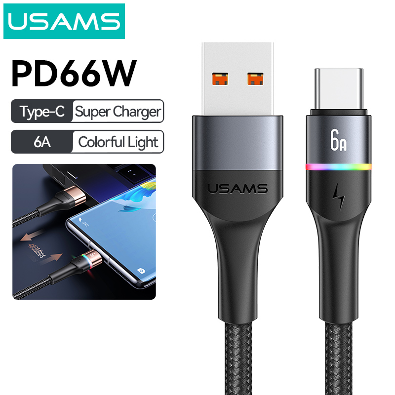 Usams 66w usb type-c màu đèn sạc nhanh cáp dây sạc type c usb 6a cáp c cho huawei/samsung/xiaomi/macbook/ipad/oppo/vivo cáp sạc nhanh type c