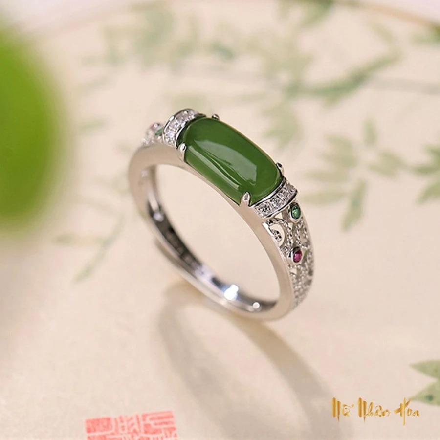 N059 Nhẫn ngọc bạc đính ngọc bích xanh