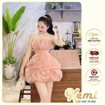Váy cúp ngực tơ óng chân đầm bồng nhún xoắn hoa Kemi