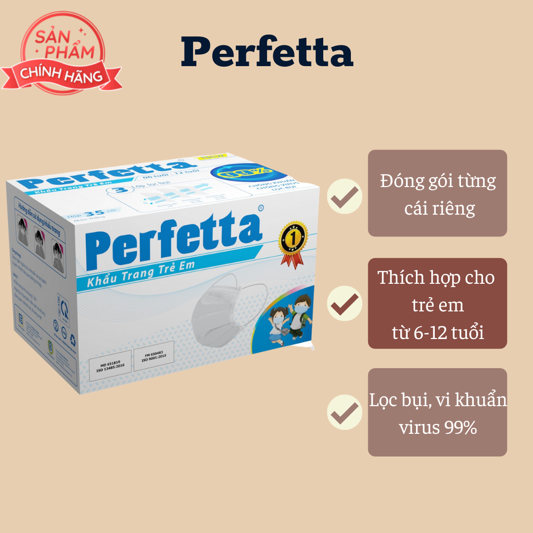 Khẩu trang cho bé 3 lớp Perfetta Trẻ Em Trắng