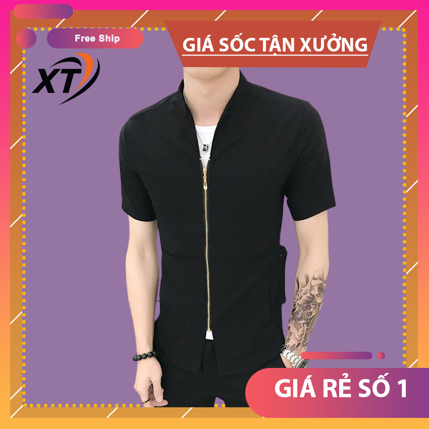 Áo sơ mi, Áo sơ mi nam cộc tay cổ phối khóa độc lạ, trẻ trung, phong cách chất vải mềm mát N19