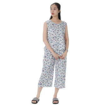 Bộ đồ nữ mặc nhà - Bộ mặc nhà lanh (tole) Vicci vải chéo Hàn cao cấp BST.086 áo sát nách phối quần ống sớ in họa tiết