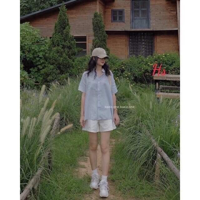 Bộ quần đùi kẻ sọc xanh-chất liệu áo kẻ quần kaki