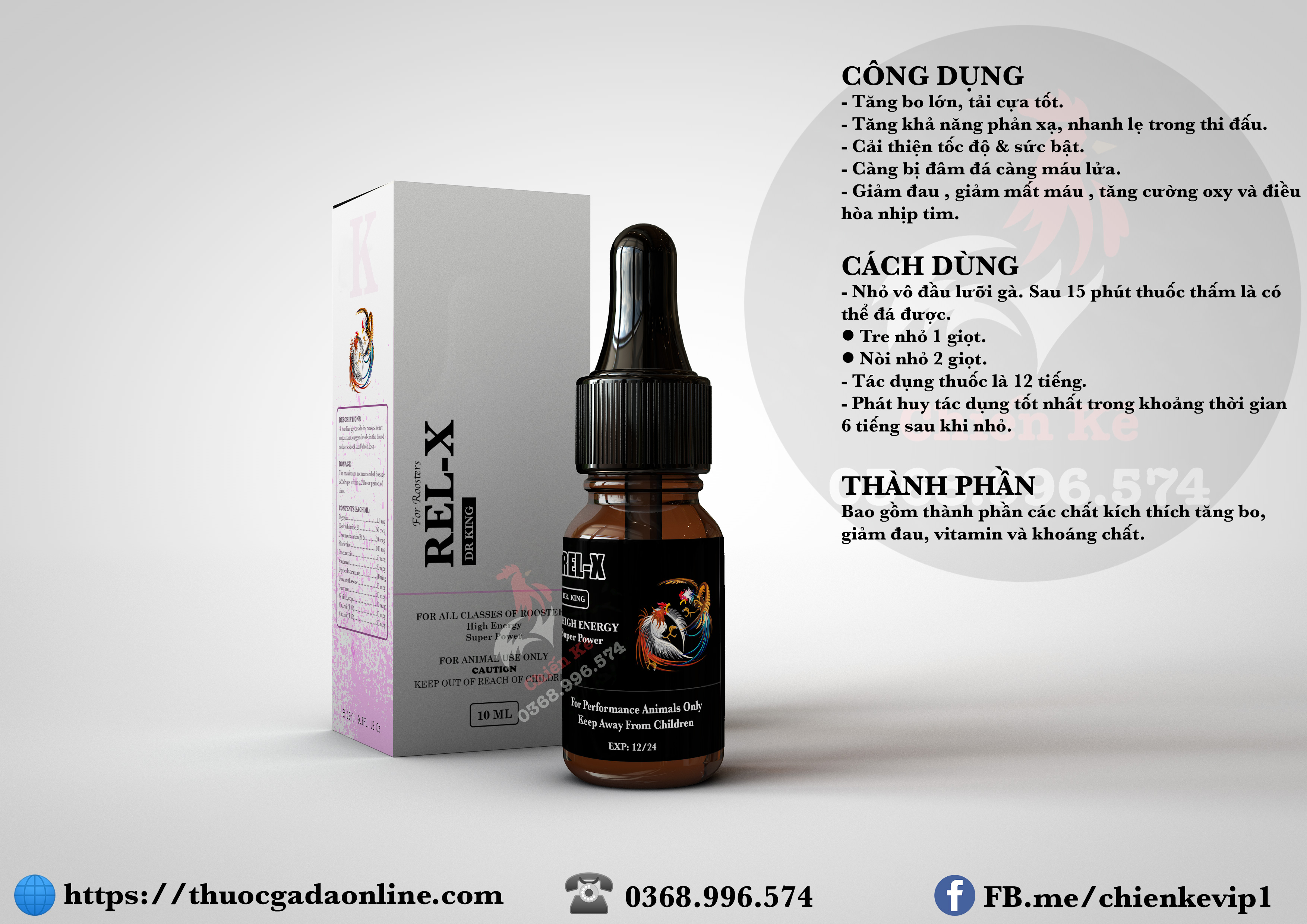 Thuốc nhỏ gà đá - rel.x - chai lớn 10ml nguyên seal - xuất xứ usa - giúp gà tăng bo lớn, chống ói, tải cựa, cực kỳ lỳ đòn