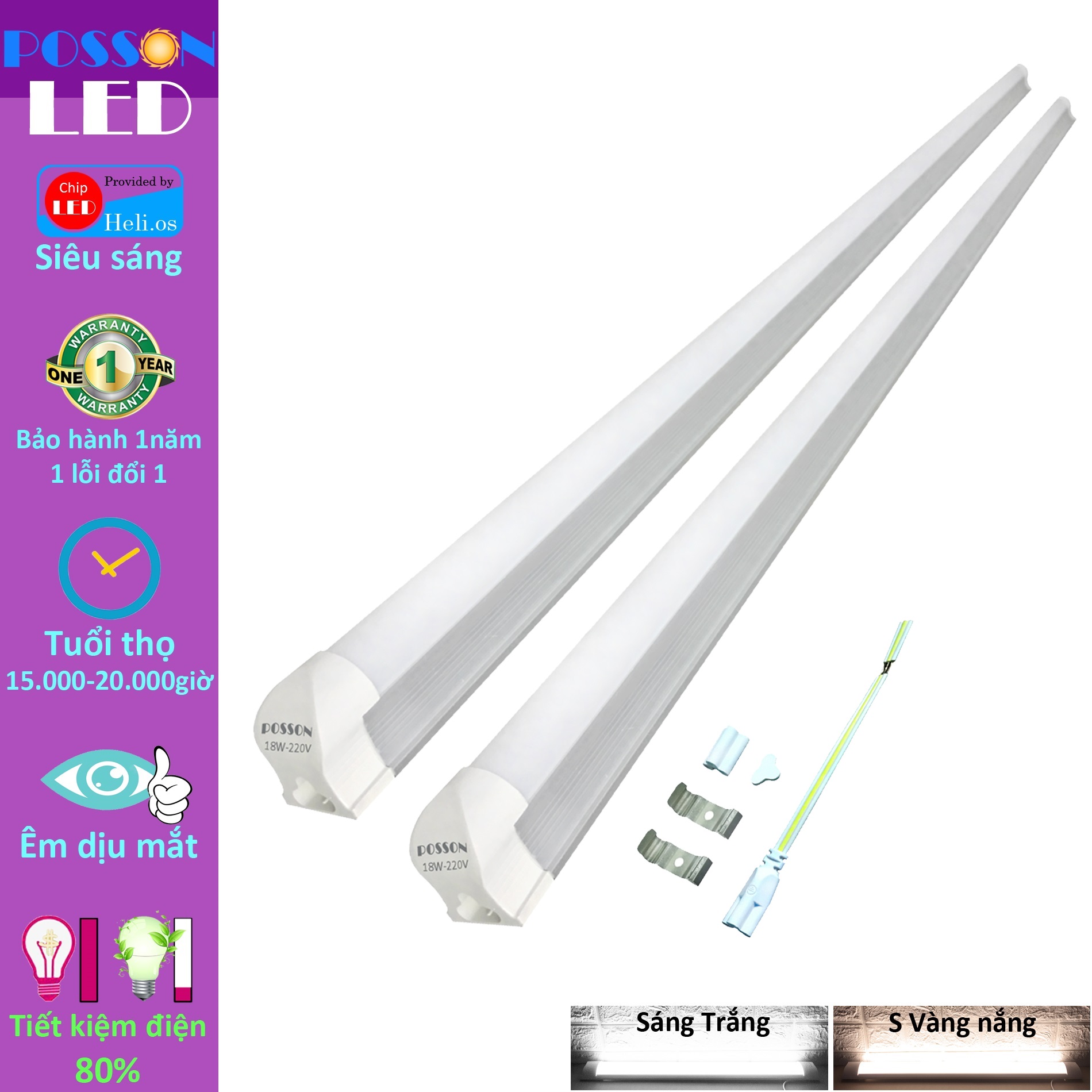 Combo 2 Bóng đèn tuyp Led T8 1m2 18w liền máng thay thế cả bộ đèn nêon đời cũ