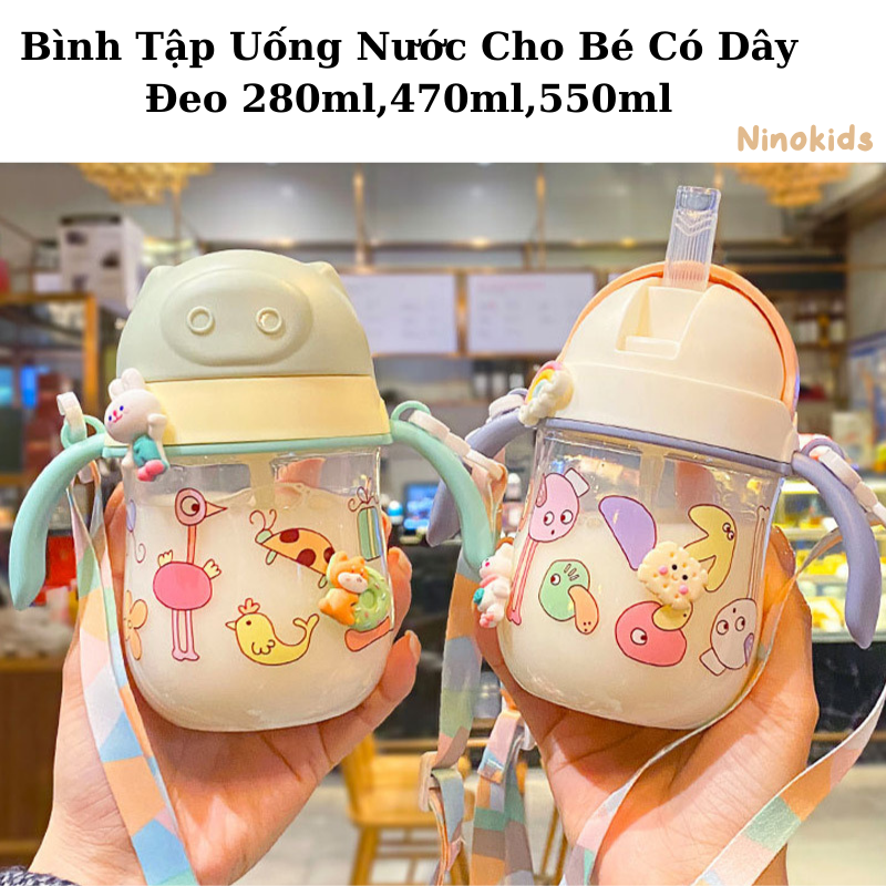 Bình Tập Uống Nước Cho Bé Có Ống Hút Chống Sặc - Bình Đựng Nước Trẻ Em Từ 6 Tháng - Có Dây Đeo Cho Bé Đi Học