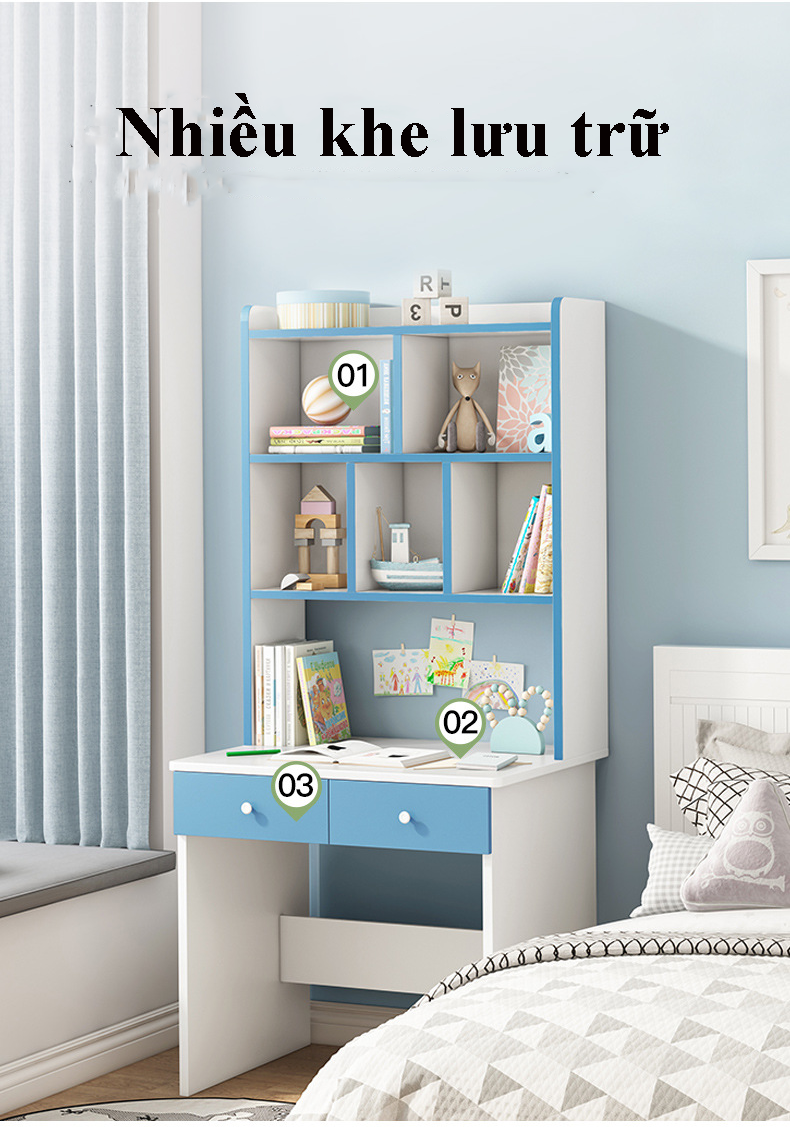 Bàn học tập học sinh kích thước 40x80cm kèm kệ sách nhiều tầng, Bàn để máy tính cho bé có ngăn kéo lưu trữ tiện lợi