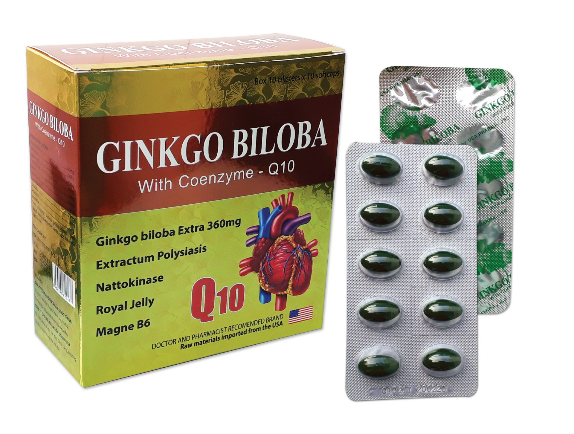 Ginkgo Biloba - Coenzym Q10 - Hộp 100 viên nang mềm - Ginkgo 360mg - Sữa ong chúa - Nattokinase - Magie- Rostex