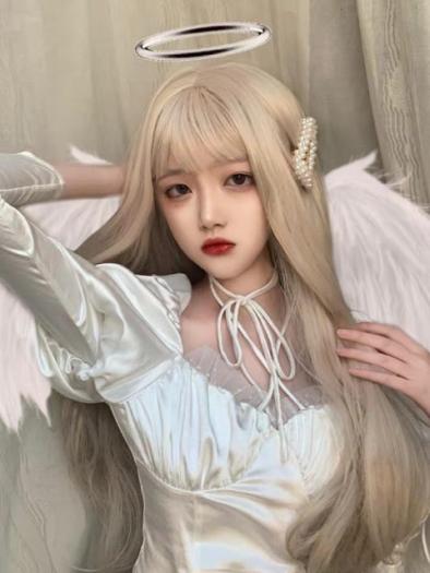 Tóc giả nữ giá rẻ 🤡🤡-Tóc giả nguyên đầu thẳng vàng tây, 7007