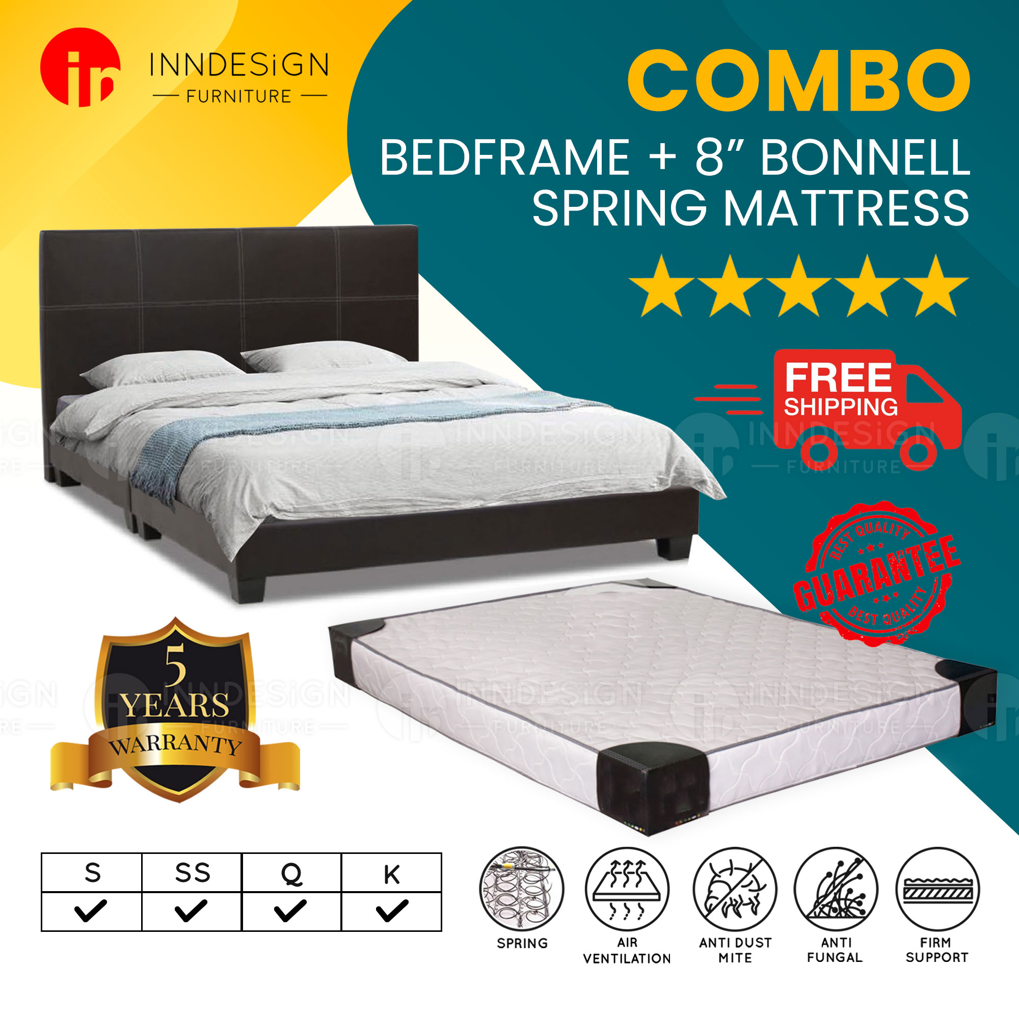 [INNDESIGN.SG] Bedframe With Mattress (8 Inch Quilted Bonnell Spring Mattress) (Fully Assembled and Free Delivery)(Single/Super Single/Queen/King)