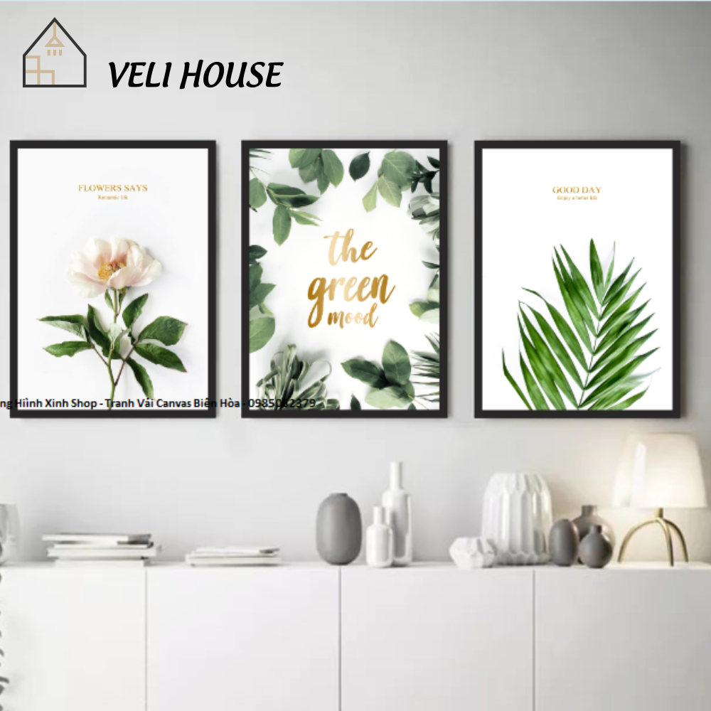 Bộ 3 tranh vải canvas trang trí tường kcv23 - Lá nhiệt đới - Kèm khung - 3 bức 30x42 cm - Veli hous