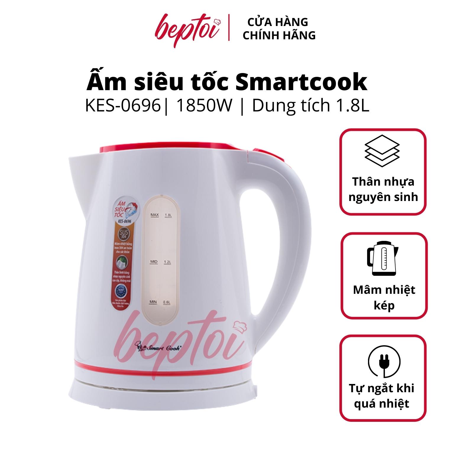 Ấm siêu tốc Smartcook dung tích 1.8 lít, bình đun siêu tốc thân nhựa nguyên sinh KES-0696