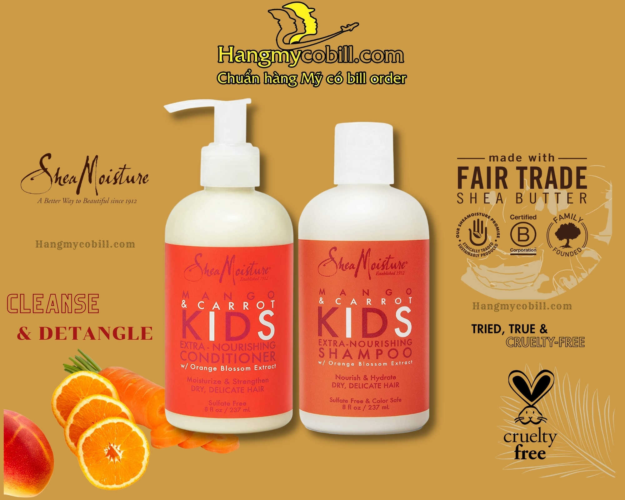 (có bill nhập)DẦU GỘI - DẦU XẢ SHEA CHO BÉ SHEA MOISTURE MANGO&CARROT KIDS 237ML