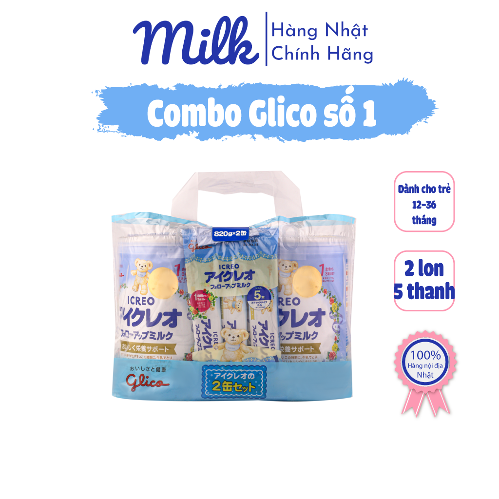 Combo 2 lon sữa Glico icreo follow up milk số 1 kèm 5 thanh sữa 820g/lon