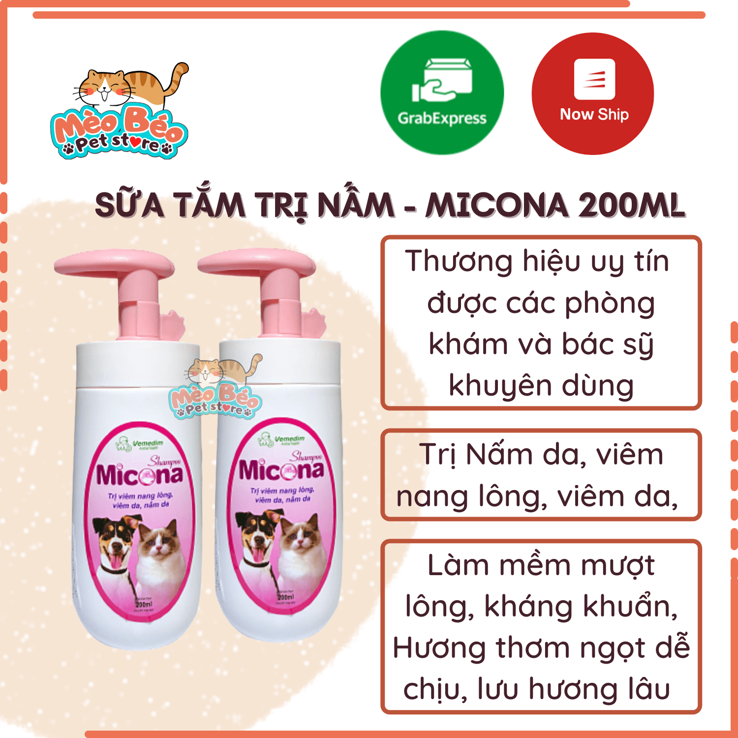 Sữa tắm đặc trị viêm nang lông viêm da nấm da cho chó mèo micona vemedim 200ml