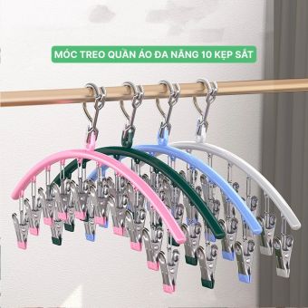 Móc 10 kẹp phơi đồ lót, khăn mặt, có khóa chống gió, chống trượt với 10 móc khóa INOX cao cấp