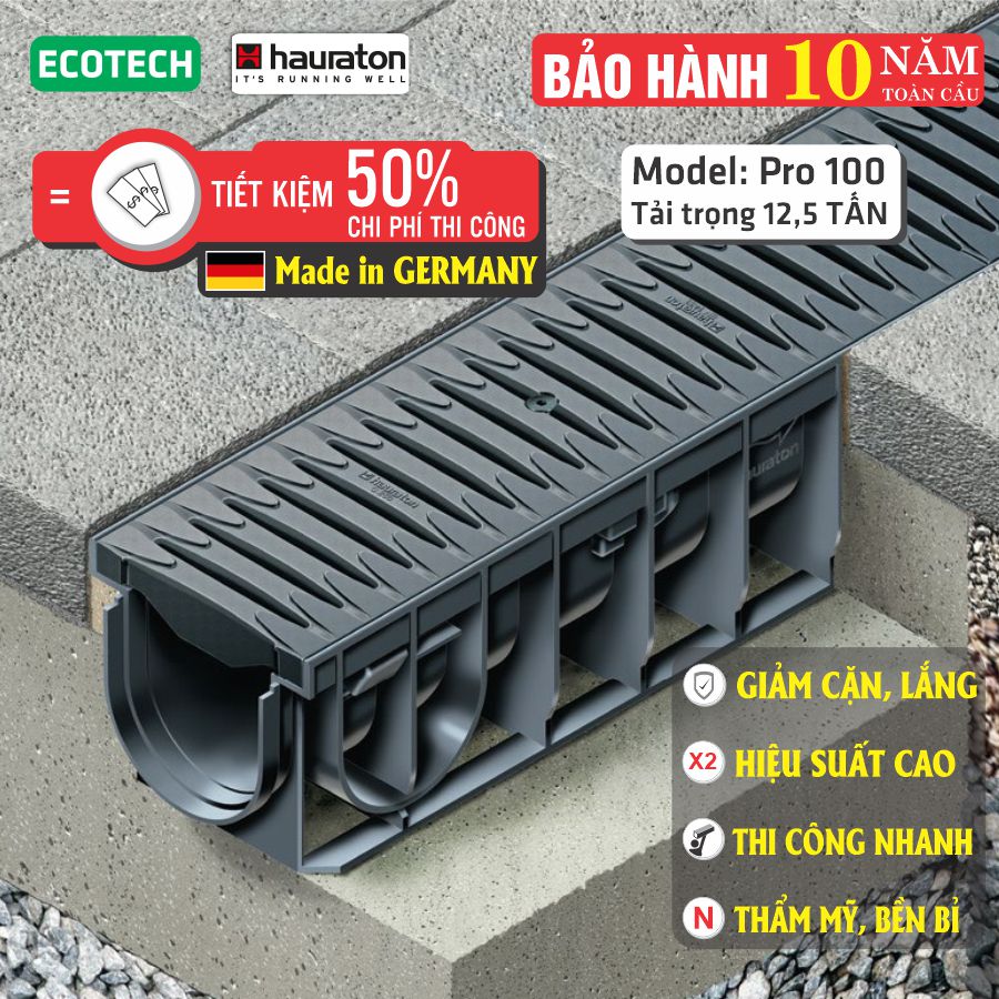 Cống thoát nước lắp ghép HAURATON Pro -100/T010: Nắp Composite. Nhập khẩu ĐỨC, thẩm mỹ, bền bỉ, giảm lắng cặn, kháng hóa chất.Chịu tải 12,5 Tấn