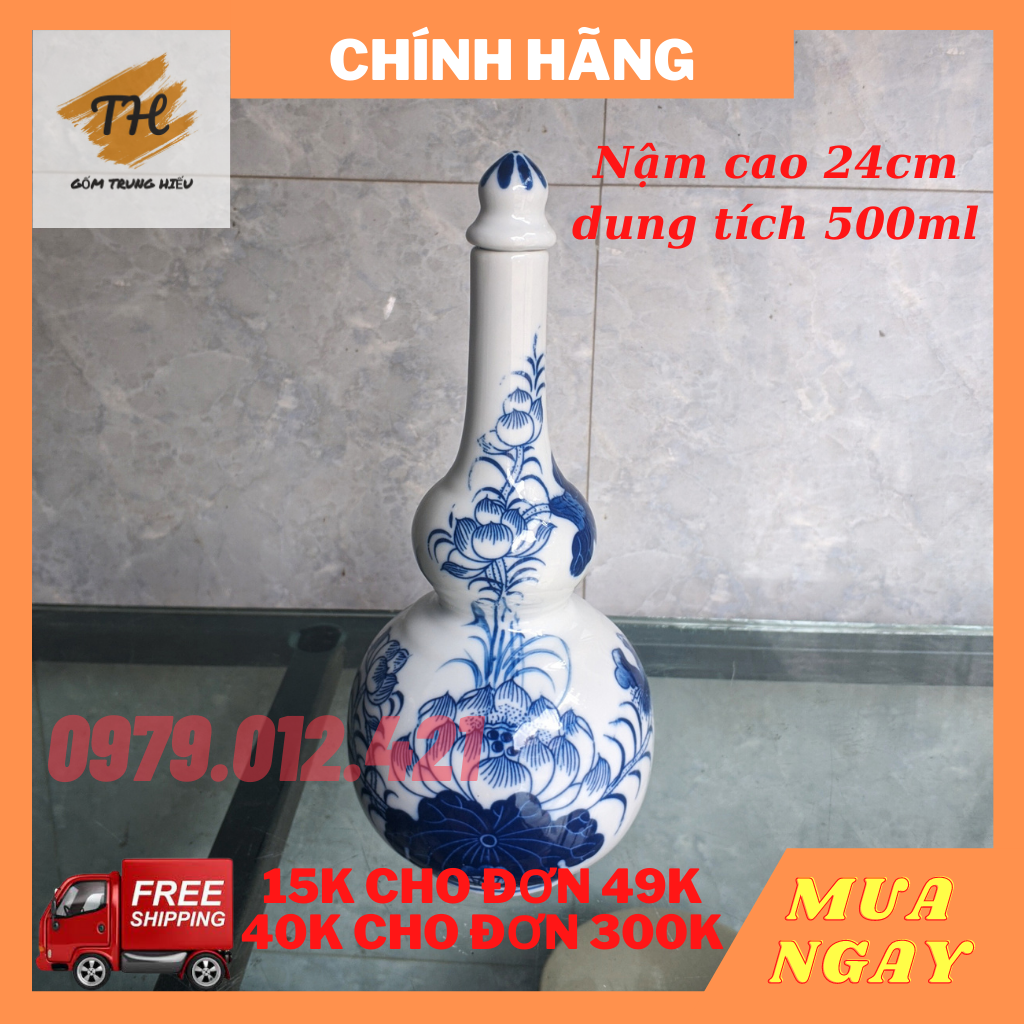 Nậm thờ nậm rượu Bát Tràng men lam cổ dùng trên ban thờ hoạ tiết hoa sen đựng rượu cao cấp dung tích 500ml