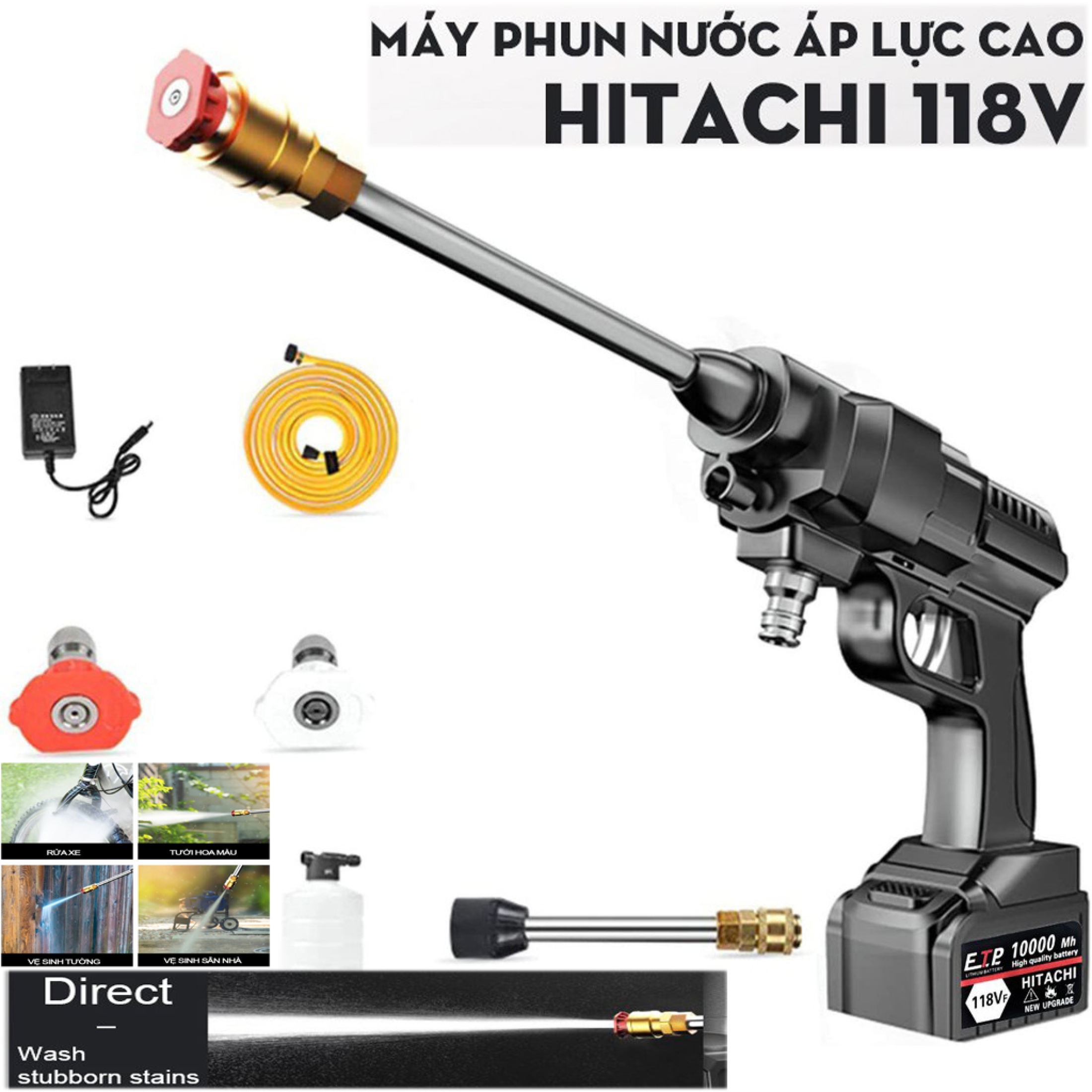 Máy Rửa Xe Cầm Tay Dùng Pin Hitachi 118V Cao Cấp, – Áp lực mạnh mẽ, pin sạc bền bỉ - Đa chức năng, dễ sử dụng –3 chế độ phun rửa – Chuyên sử dụng vệ sinh ô tô, xe máy, vật Dụng Gia Đình,Vô Cùng Tiện Lợi ( bảo hành 1 NĂM )