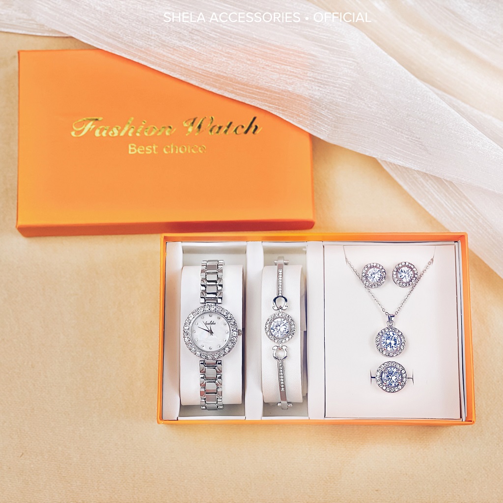 Đồng hồ nữ cao cấp set 5 món màu bạc đính đá sang chảnh LUSHIKA LK04