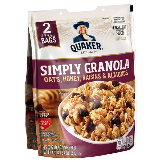 Quaker oats simply granola - yến mạch ăn liền mix mật ong, nho sấy, hạnh nhân