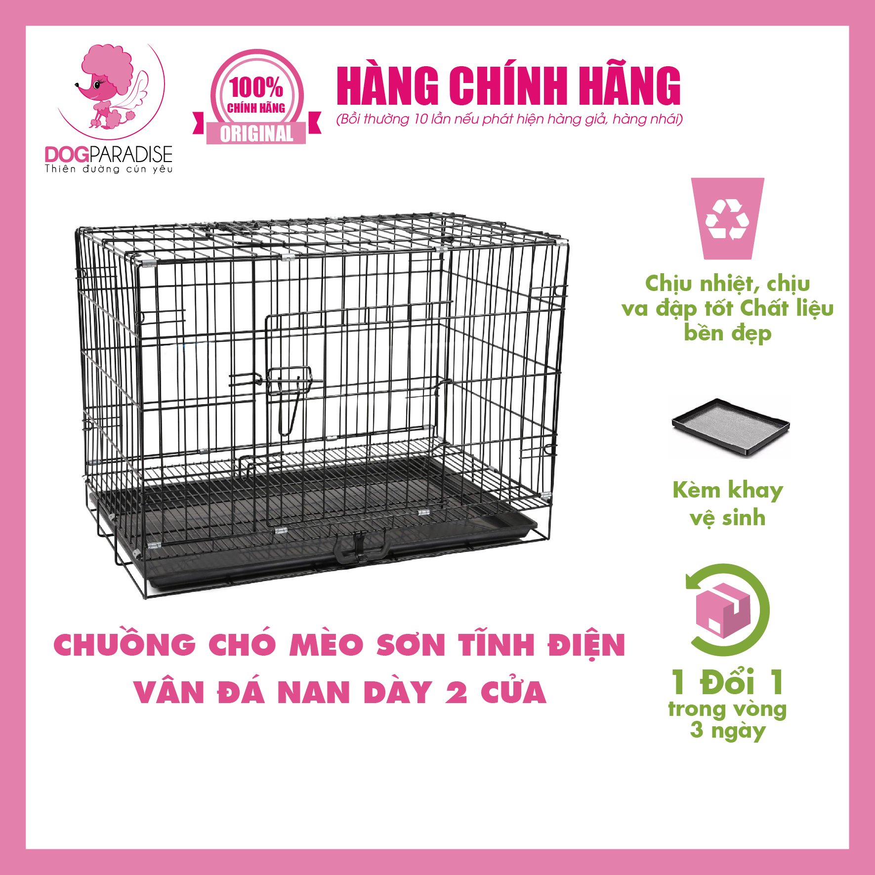 Chuồng chó mèo sơn tĩnh điện vân đá nan dày 2 cửa màu ngẫu nhiên - Dog Paradise