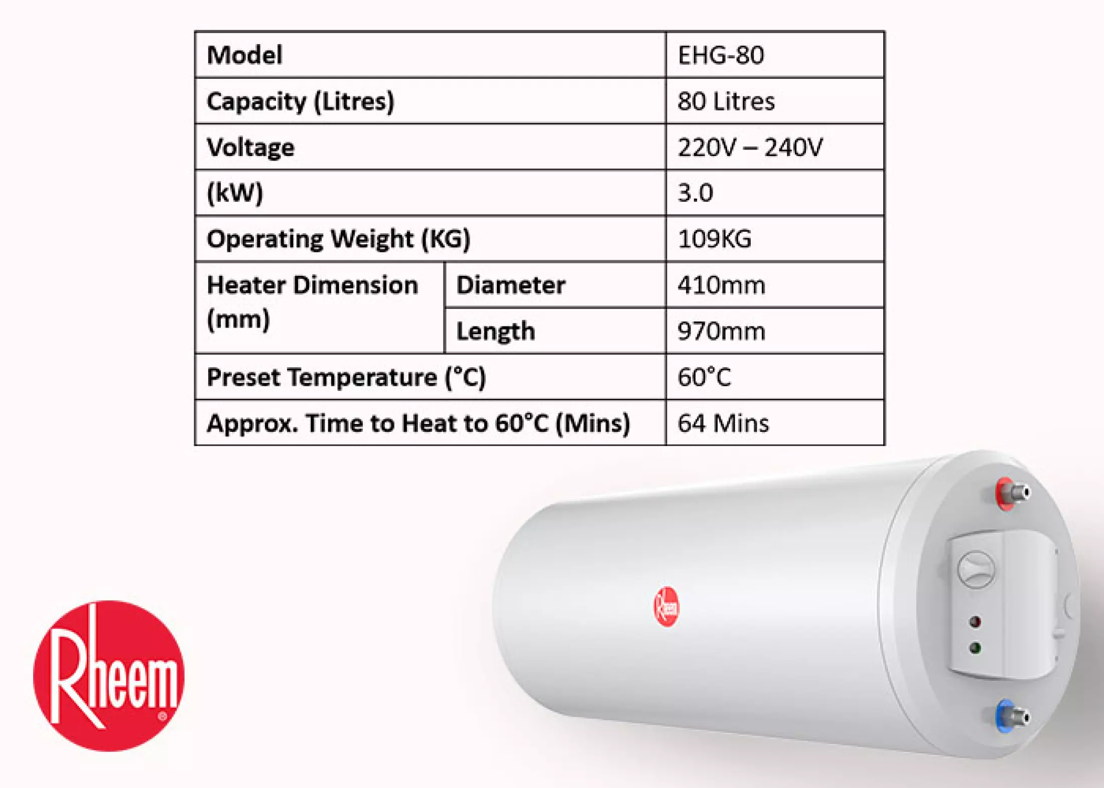 Rheem Water Heater EHG 80 Storage Heater 80L | EHG-80 | EHG80 |local  warranty | 5 years warranty | Free Delivery | | Lazada Singapore