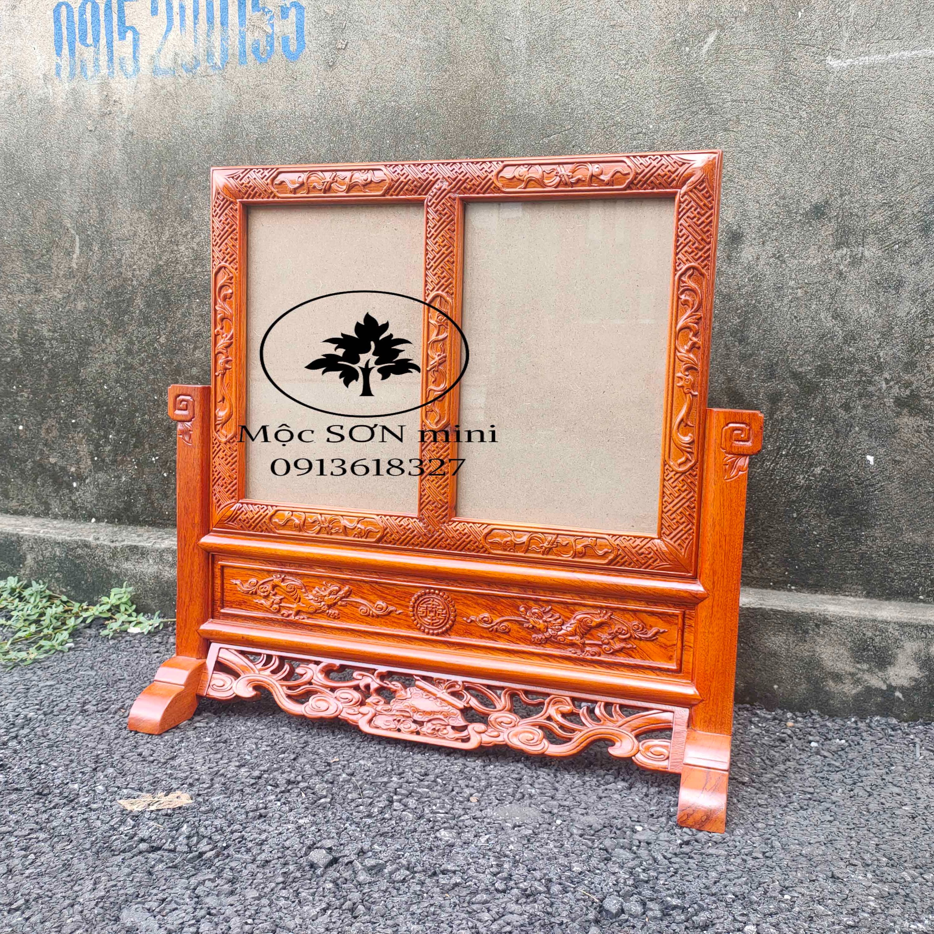 Khung ảnh thờ gấm đôi 2 ảnh gỗ hương khung hình thờ linh vị cao cấp cỡ ảnh 20x30