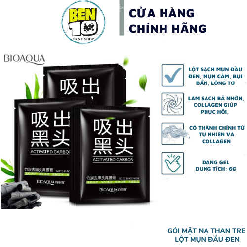 Hộp 10 Gói Mặt Nạ Lột Mụn Than Tre Hoạt Tính Bioaqua Sạch Mụn Đầu Đen, Mụn Cám, Thu Nhỏ Lỗ Chân Lông