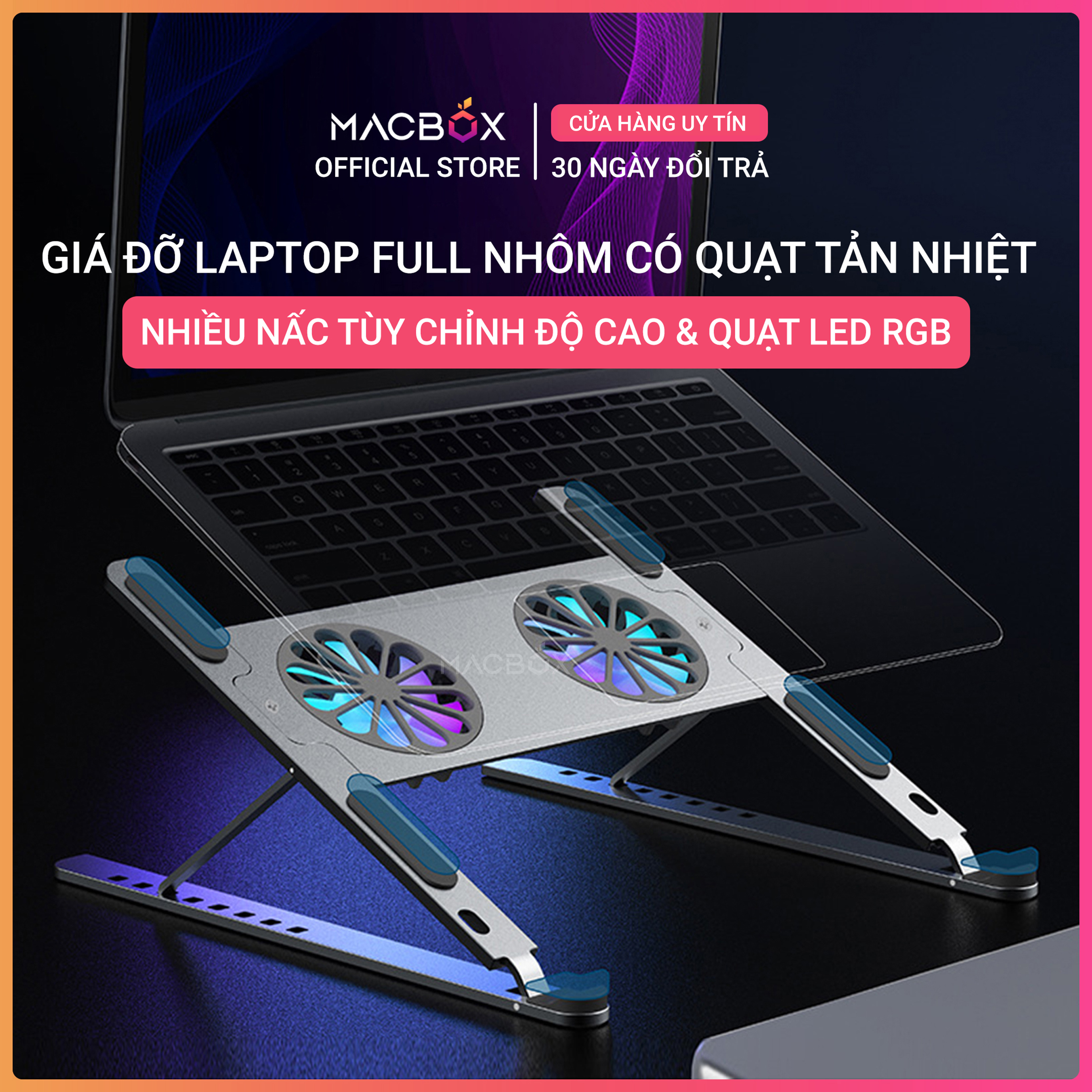 Giá Đỡ Laptop, Macbook, Ipad Kèm Quạt Tản Nhiệt Led Rgb 8 Mức Chỉnh Độ Cao, Đế Tản Nhiệt Laptop, Đế Kê Laptop Nhôm P11F Macbox