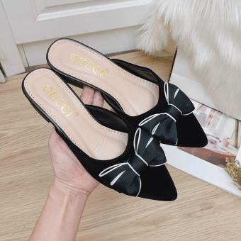 dép nữ- sục nữ mũi nhọn gót 2cm chất nỉ (sục nơ viền trắng) BB-0190