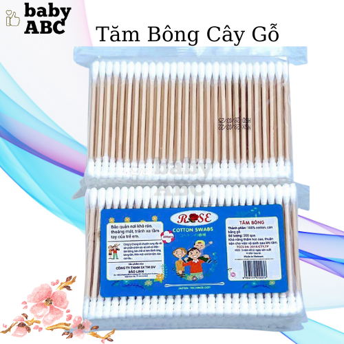 Tăm Bông Thân Gỗ ROSE Tăm Bông Ngoáy Tai Que Gỗ Cao Cấp Người Lớn 2 Đầu Tròn Xoắn