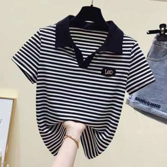 Áo Thun Nữ Ngắn Tay Dáng Ôm Màu Đen Và Trắng Áo Polo Kẻ Sọc