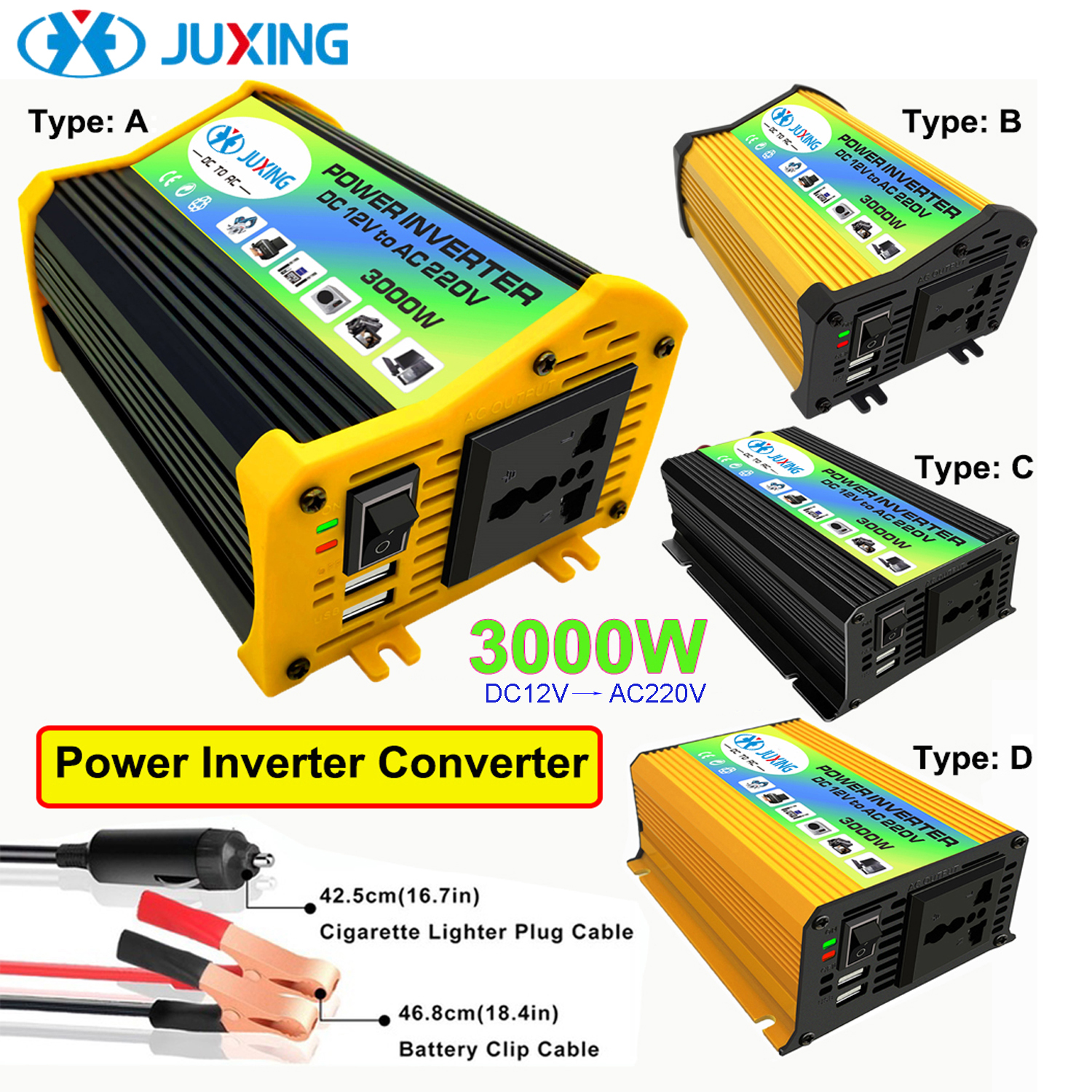 JUXING 3000W xe điện biến tần DC12V để AC110V/220V chuyển đổi với 2 USB sóng sin sửa đổi cho xe hơi, gia đình, ngoài trời, có thể kết nối pin gia đình 12v, có thể kết nối pin xe hơi 12v