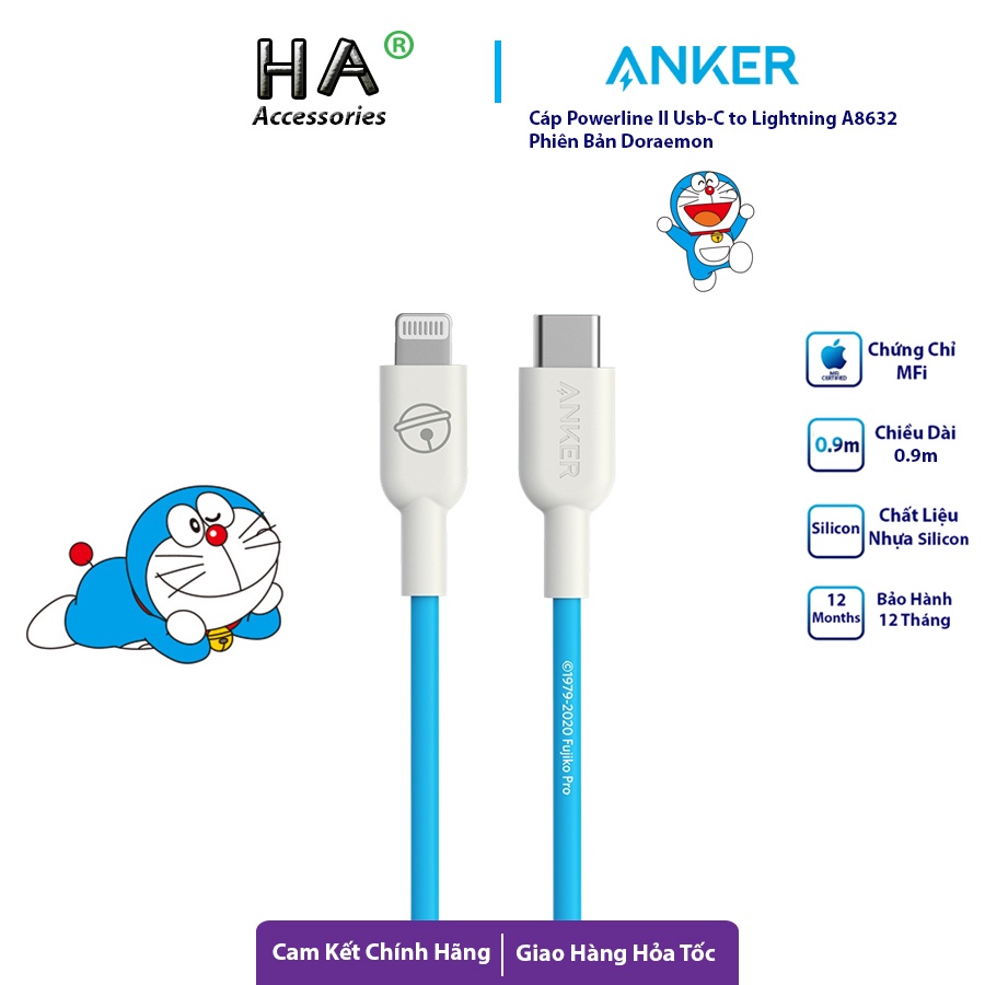 Cáp Sạc Nhanh Anker x Doraemon Usb C to Lightning A8632 0.9m Phiên bản Doraemon Sạc Nhanh cho iPhone