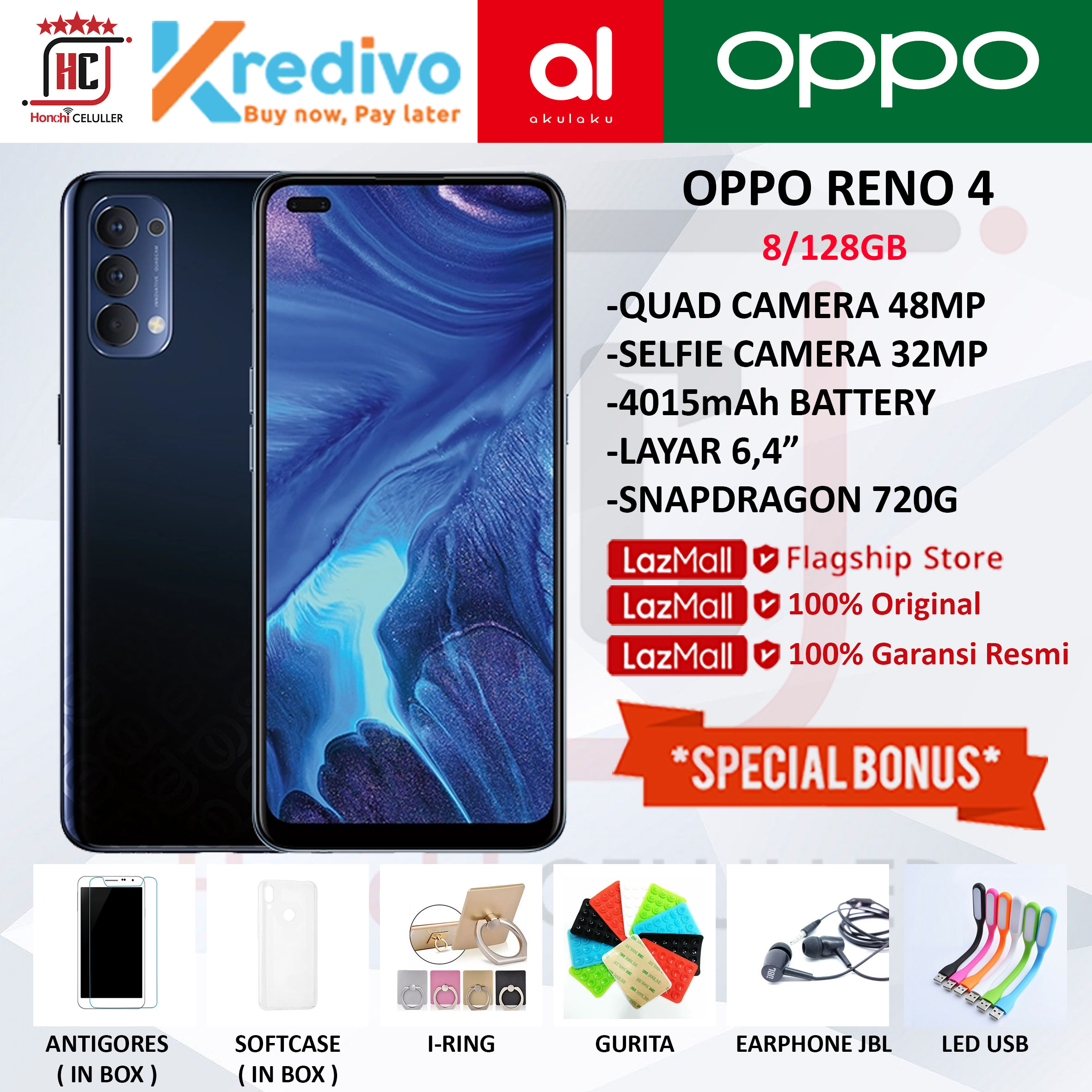 OPPO RENO 4 8/128GB GARANSI RESMI ORIGINAL FULL BONUS Harga  4,999,000 Ringgit*Penghantaran Percuma