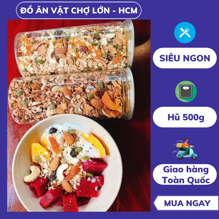 Granola yến mạch mix hạt dinh dưỡng gồm yến mạch, hạnh nhân, hạt điều, hạt bí, hạt dưa, nho khô, mơ, dừa,hoà cùng chút mật ong thơm ngon