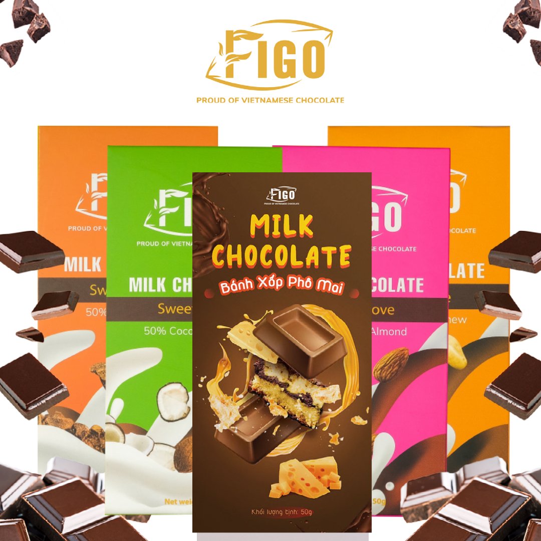 Combo 5 hộp socola sữa đủ vị 50gram figo siêu ngon, ăn là nghiền| milk chocolate 50% cacao 50gr